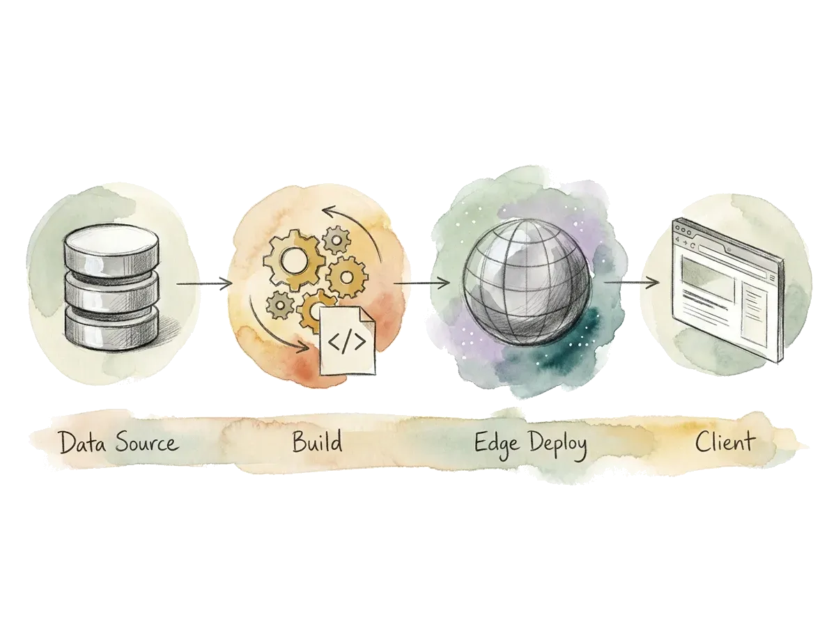 Vierstufige Build-Pipeline: Data Source → Build → Edge Deploy → Client