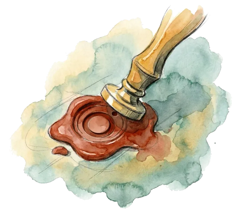 Siegelstempel mit frisch gepresstem Wachssiegel